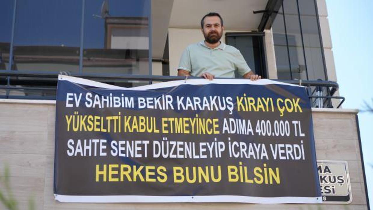 Ev sahibinin senetli kumpasına kiracıdan pankartlı tepki