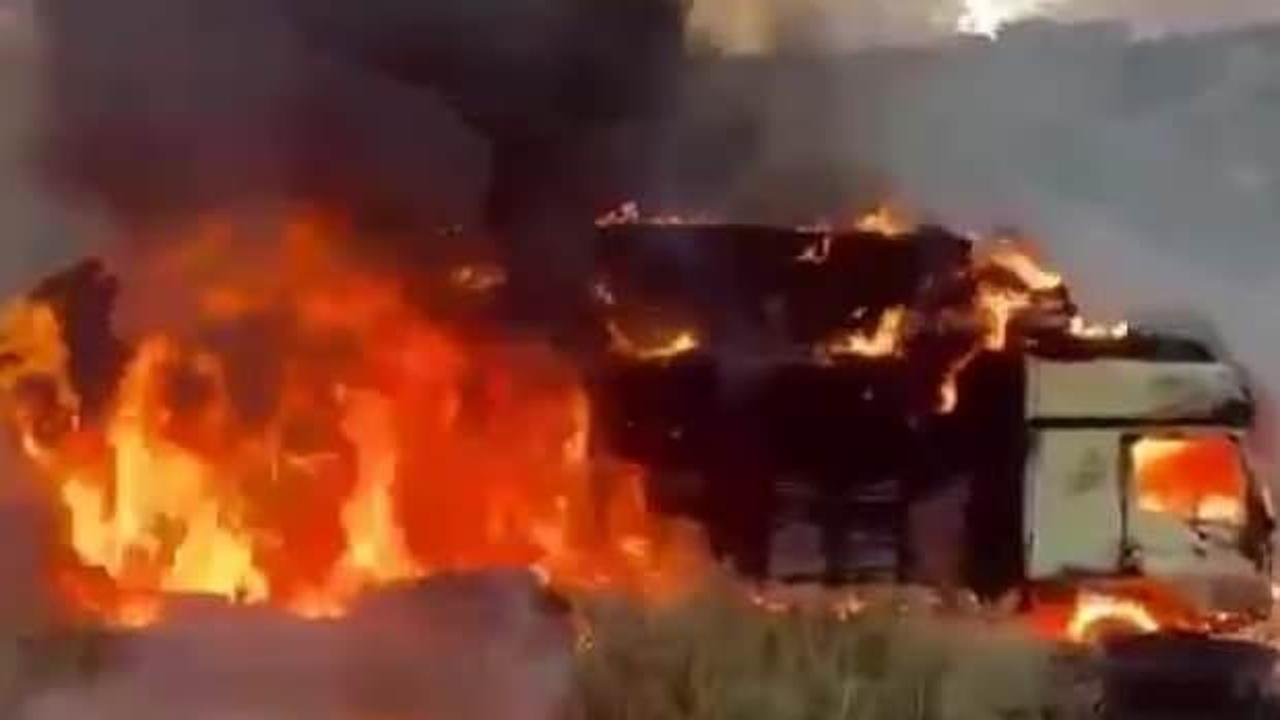 Saman yüklü kamyon alev alev yandı