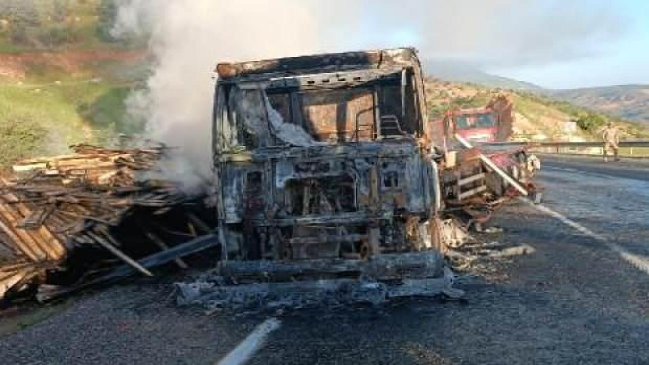 Seyir halinde alev alan kereste yüklü TIR, yandı